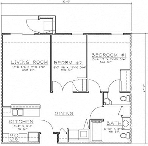 Floor plan for 2 beds, 1.5 baths, 923 sqft