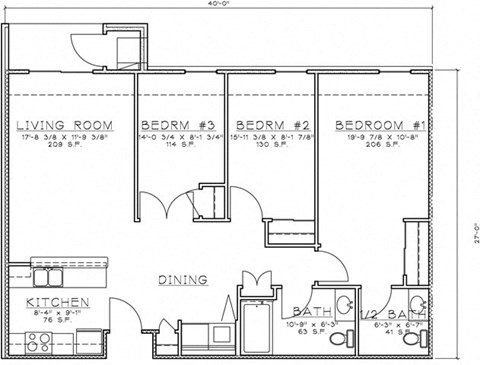 Floor plan for 3 beds, 1.5 baths, 1157 sqft