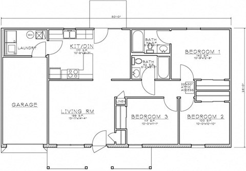 Floor plan for 3 beds, 2 baths, 1487 sqft