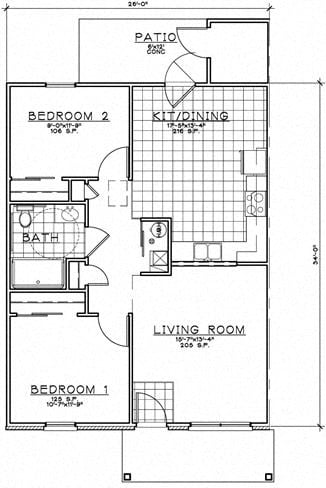Floor plan for 2 beds, 1 bath, 860 sqft