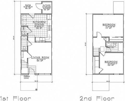 Floor plan for 2 beds, 1.5 baths, 992 sqft