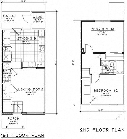 Floor plan for 2 beds, 1.5 baths, 848 sqft