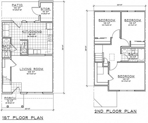 Floor plan for 3 beds, 1.5 baths, 1009 sqft