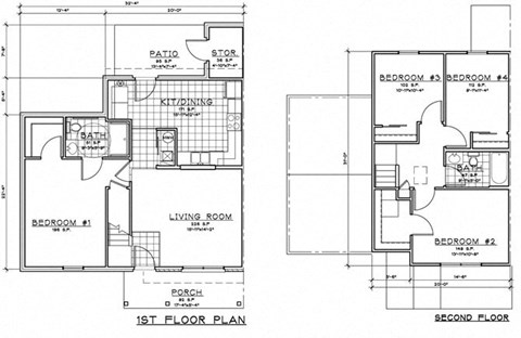 Floor plan for 4 beds, 2 baths, 1342 sqft