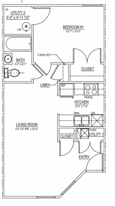 Floor plan for 1 bed, 1 bath, 600 sqft