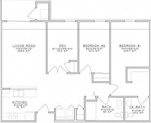 Floor plan for 2 beds, 1 bath, 932 sqft