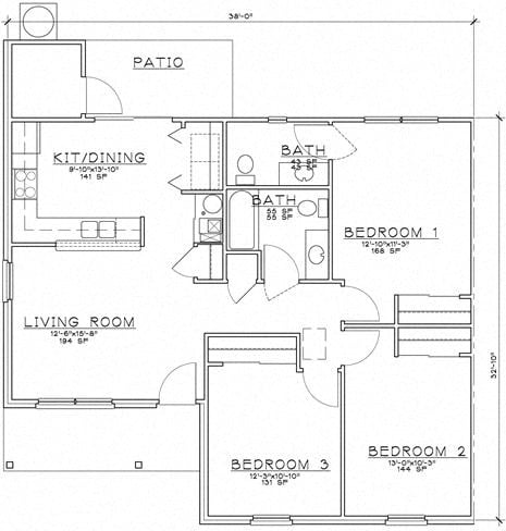 Floor plan for 2 beds, 1.5 baths, 867 sqft