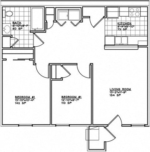 Floor plan for 2 beds, 1.5 baths, 1026 sqft