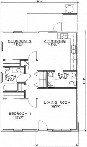 Floor plan for 2 beds, 1.5 baths, 1178 sqft