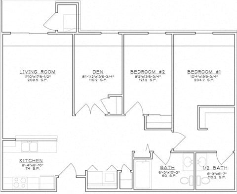 Floor plan for 2 beds, 1.5 baths, 1010 sqft
