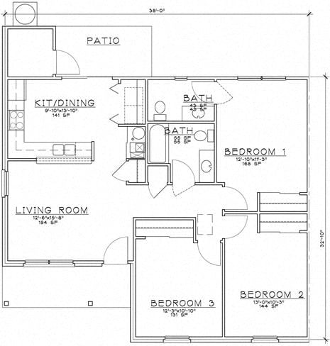 Floor plan for 2 beds, 1.5 baths, 903 sqft