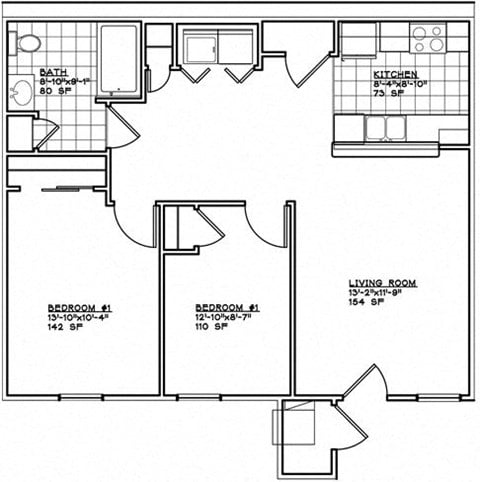 Floor plan for 2 beds, 1 bath, 860 sqft