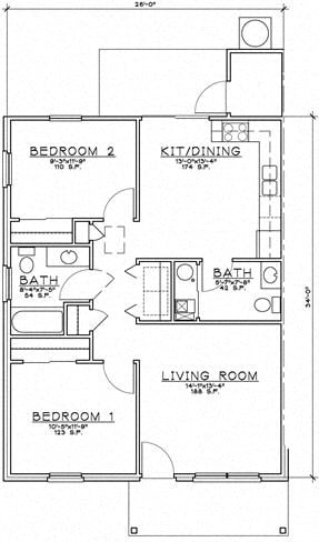 Floor plan for 2 beds, 1.5 baths, 930 sqft