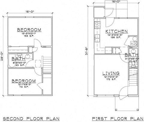 Floor plan for 2 beds, 1.5 baths, 912 sqft