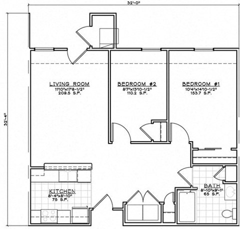 Floor plan for 2 beds, 1 bath, 1179 sqft