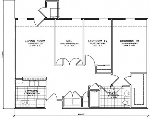 Floor plan for 2 beds, 1 bath, 1367 sqft