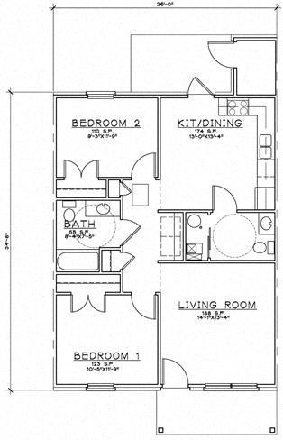 Floor plan for 2 beds, 1.5 baths, 1036 sqft