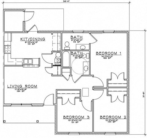 Floor plan for 3 beds, 1.5 baths, 1162 sqft