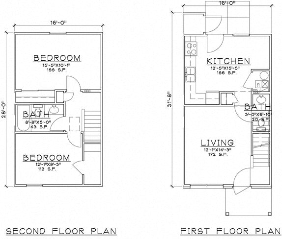 Floor plan for 2 beds, 1.5 baths, 912 sqft