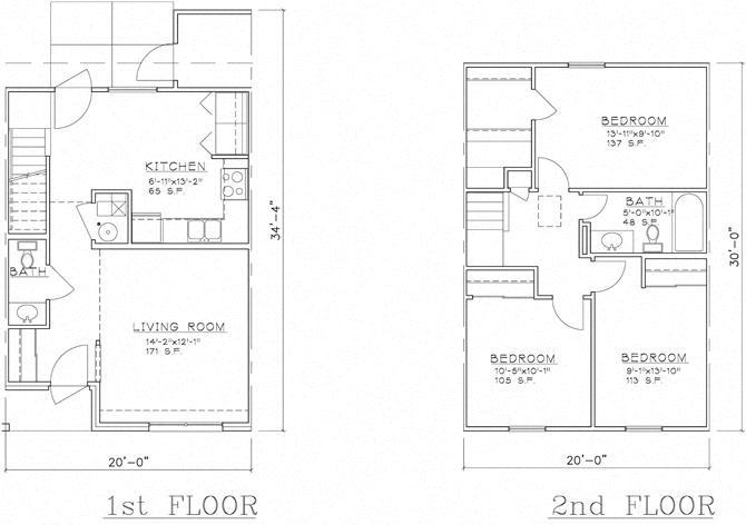 Floor plan for 3 beds, 1.5 baths, 1020 sqft