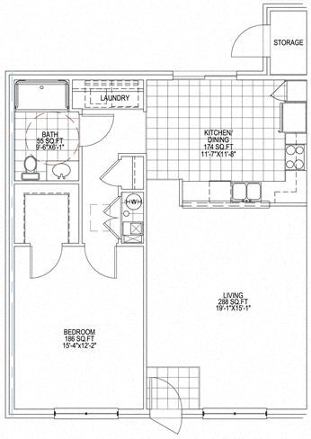 Floor plan for 1 bed, 1 bath, 862 sqft