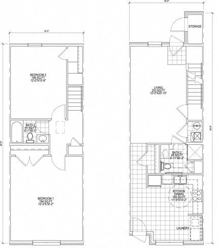 Floor plan for 2 beds, 2 baths, 1293 sqft