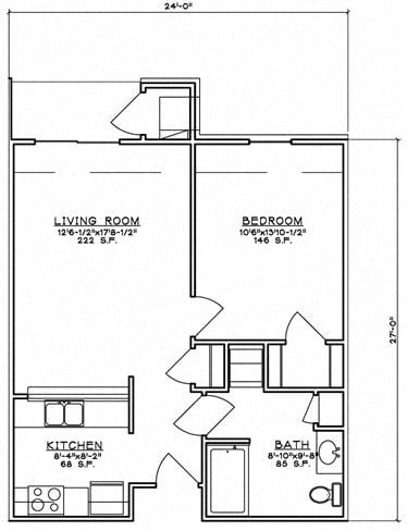 Floor plan for 1 bed, 1 bath, 651 sqft
