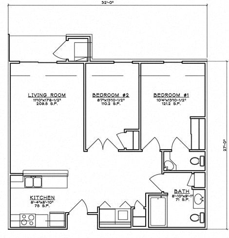 Floor plan for 2 beds, 1.5 baths, 801 sqft