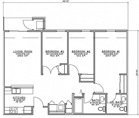 Floor plan for 3 beds, 1.5 baths, 1001 sqft
