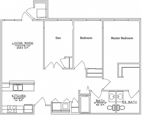 Floor plan for 2 beds, 1.5 baths, 1096 sqft