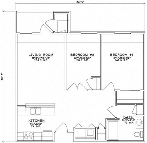 Floor plan for 2 beds, 1 bath, 877 sqft