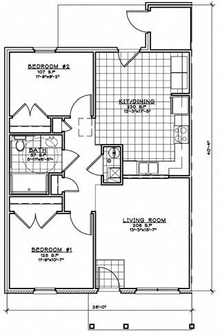 Floor plan for 2 beds, 1 bath, 1001 sqft