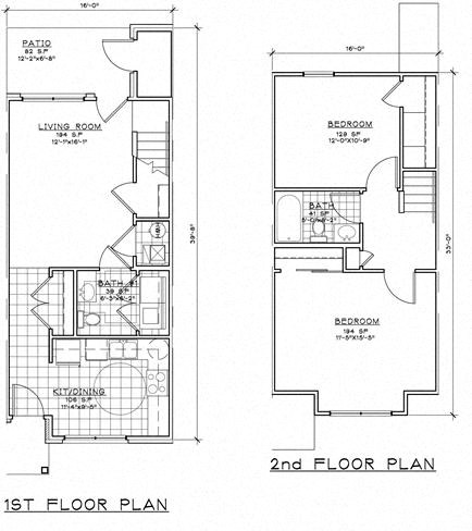 Floor plan for 2 beds, 1 bath, 1001 sqft