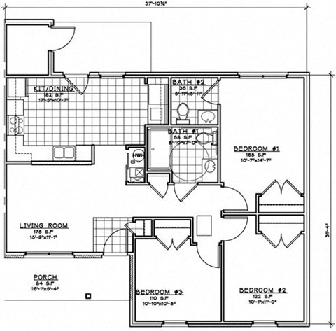 Floor plan for 3 beds, 1.5 baths, 1174 sqft