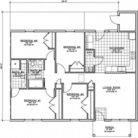 Floor plan for 4 beds, 2 baths, 1459 sqft