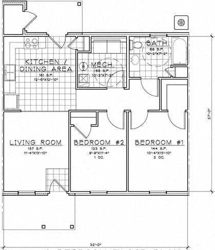 Floor plan for 2 beds, 1 bath, 1010 sqft