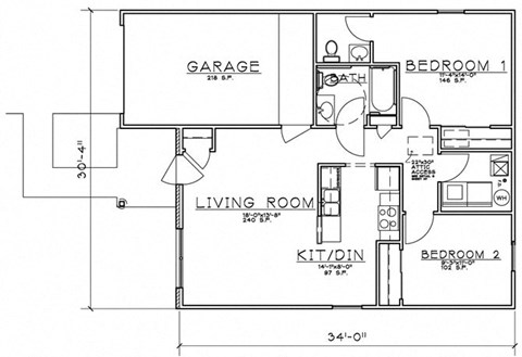 Floor plan for 2 beds, 1.5 baths, 879 sqft