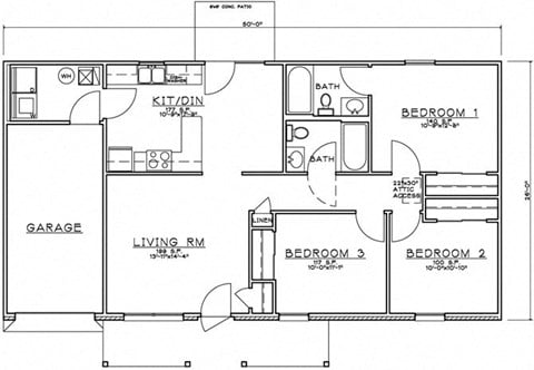 Floor plan for 3 beds, 2 baths, 1107 sqft