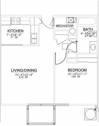 Floor plan for 1 bed, 1 bath, 610 sqft