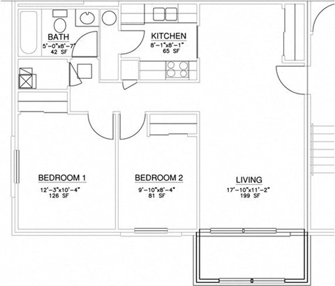 Floor plan for 2 beds, 1 bath, 786 sqft