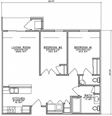 Floor plan for 2 beds, 1.5 baths, 882 sqft