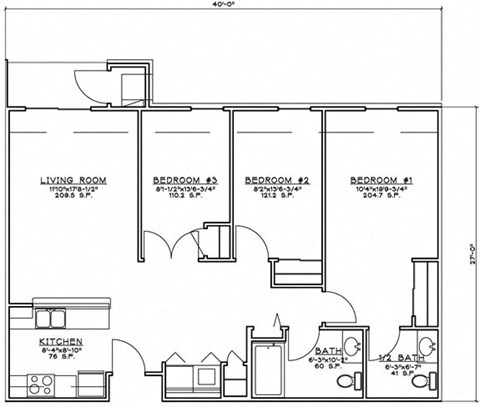 Floor plan for 3 beds, 1.5 baths, 988 sqft