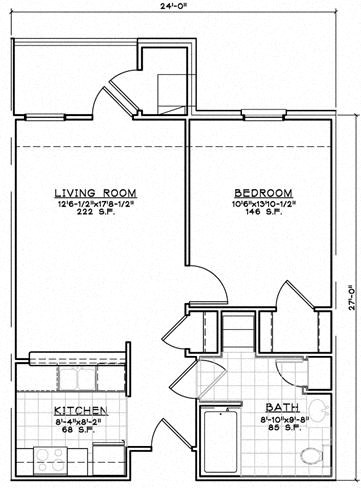 Floor plan for 1 bed, 1 bath, 662 sqft