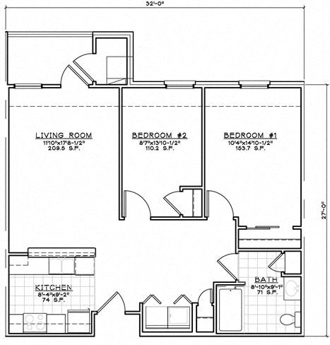 Floor plan for 2 beds, 1 bath, 881 sqft