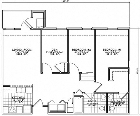 Floor plan for 2 beds, 1.5 baths, 1099 sqft