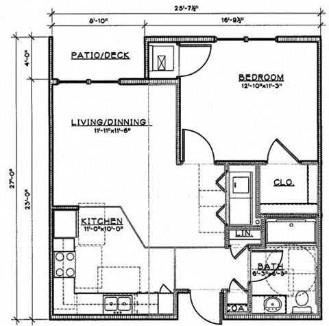 Floor plan for 1 bed, 1 bath, 665 sqft