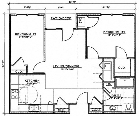 Floor plan for 2 beds, 1 bath, 882 sqft