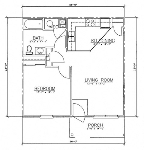 Floor plan for 1 bed, 1 bath, 658 sqft