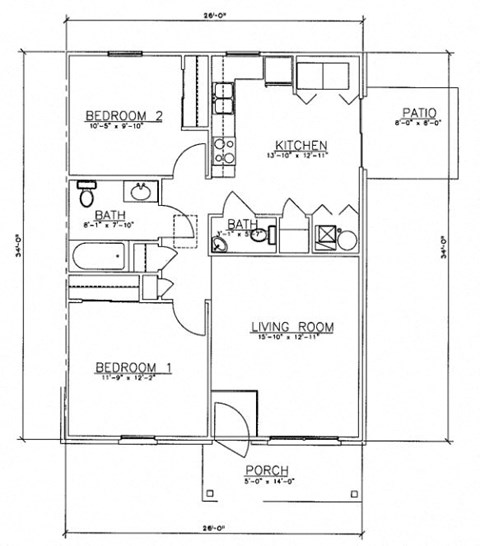 Floor plan for 2 beds, 1.5 baths, 912 sqft