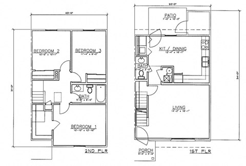 Floor plan for 3 beds, 2 baths, 1209 sqft